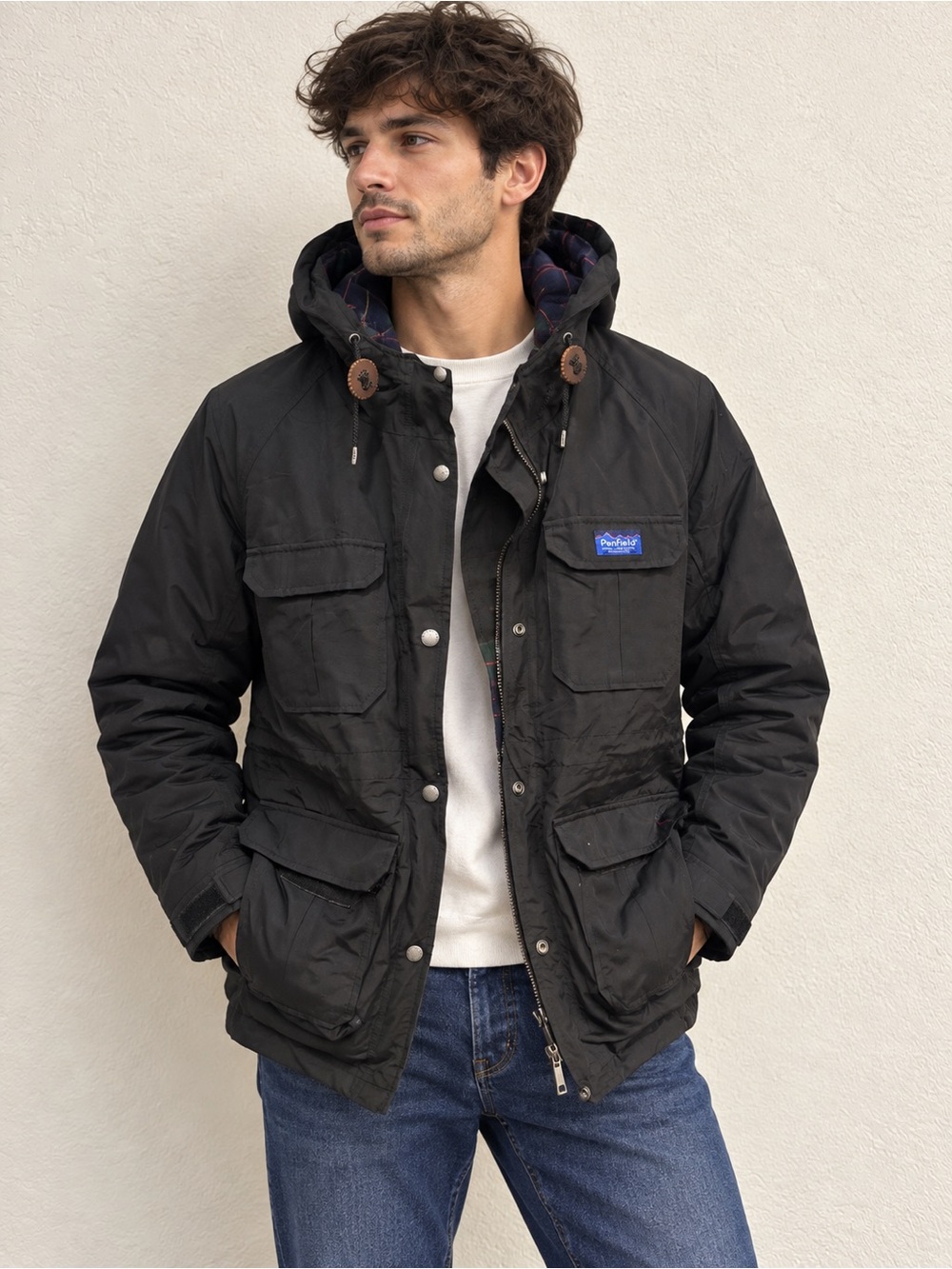 Penfield Men’s Black Hooded Outdoor Field Jacket Size M Plaid Lined
